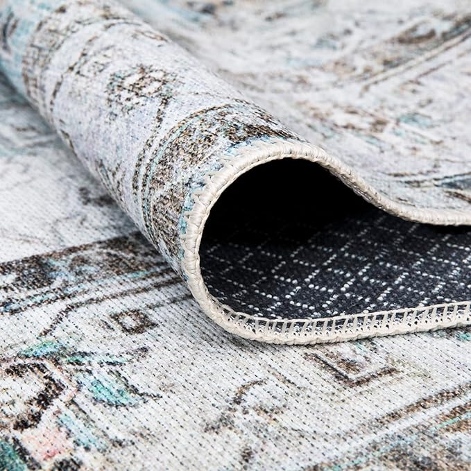 Bloom Rugs Washable Non-Slip 10 ft Runner - Beige/Blue Traditional Runner for Entryway, Hallway, Bathroom, and Kitchen - Exact Size: 2.5' x 10'