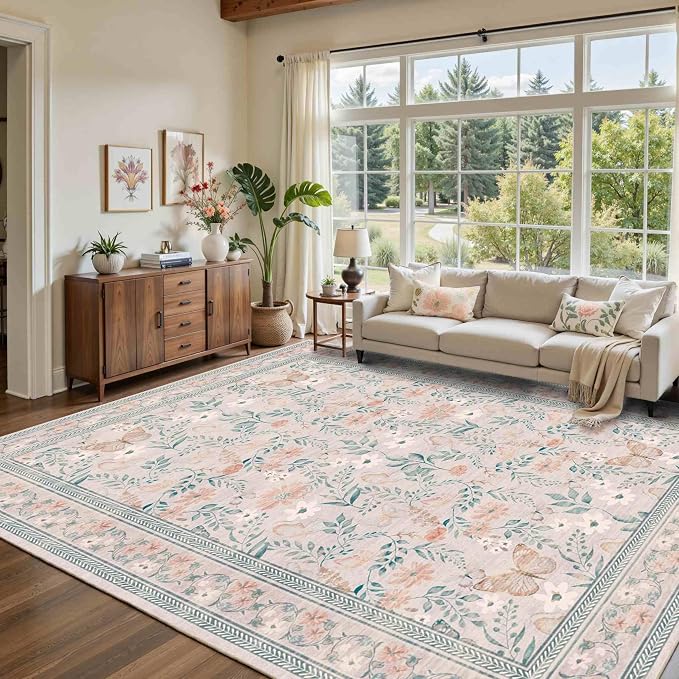 8x10 Pink Rugs for Bedroom Girls, Floral Washable Rug, Boho Area Rug, Large Non - Image 4