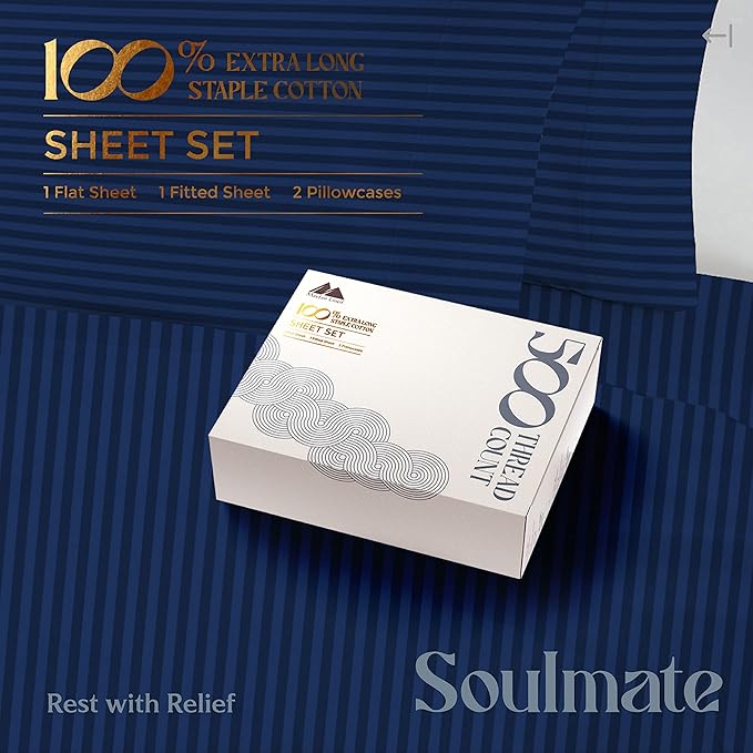 Mayfair Linen 100% Cotton Striped Sheets Split King Size Bed Set - 500 Thread Count Damask Split King Sheets for Adjustable Bed, 5 PC Set (Navy Blue Stripe), Cooling, Sateen 16" Deep Pocket Bedsheet