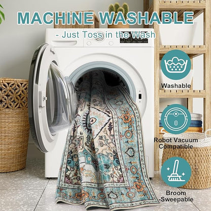 WILLSUN Washable Area Rugs, 8x10 Non-Slip Boho Large Area Rugs for Living Room, Bedroom, Machine Washable Vintage Rug, Indoor Floral Print Carpet for Home Decor, Kid & Pet Friendly Mat