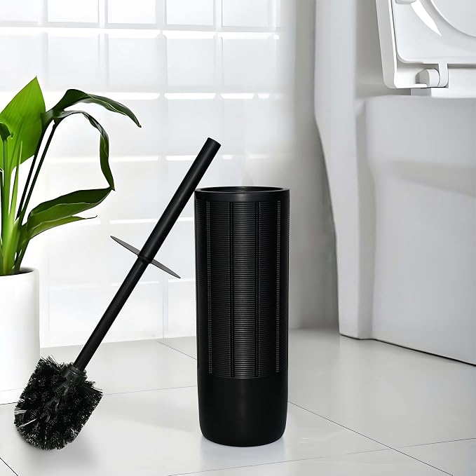 Matte Black Ribbed Design Resin Toilet Bowl Holder and Brush Set, Durable - Image 3