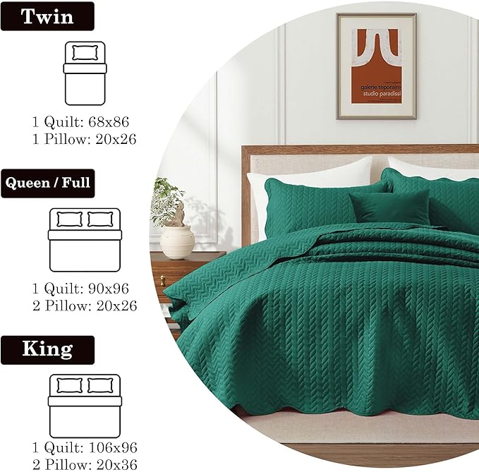 IR Imperial Rooms Queen Quilt Bedding Set Size (90" x 96") + 2 Pillow Shams (20" x 26"+ 2") - 3 Pcs All Season Lightweight Reversible Microfiber Coverlet Embossed Quilt Bedspread (Emerald)