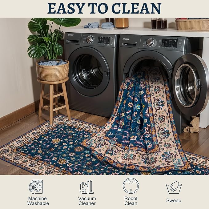 Tangspp Floral Washable Runner Rug, 2x5 Rug Runners for Hallways Non Slip, Vintage Boho Runner Rug for Entryway Indoor, Blue Print Carpet Runner, Soft Low Pile Runner for Kitchen Bedroom Navy Blue