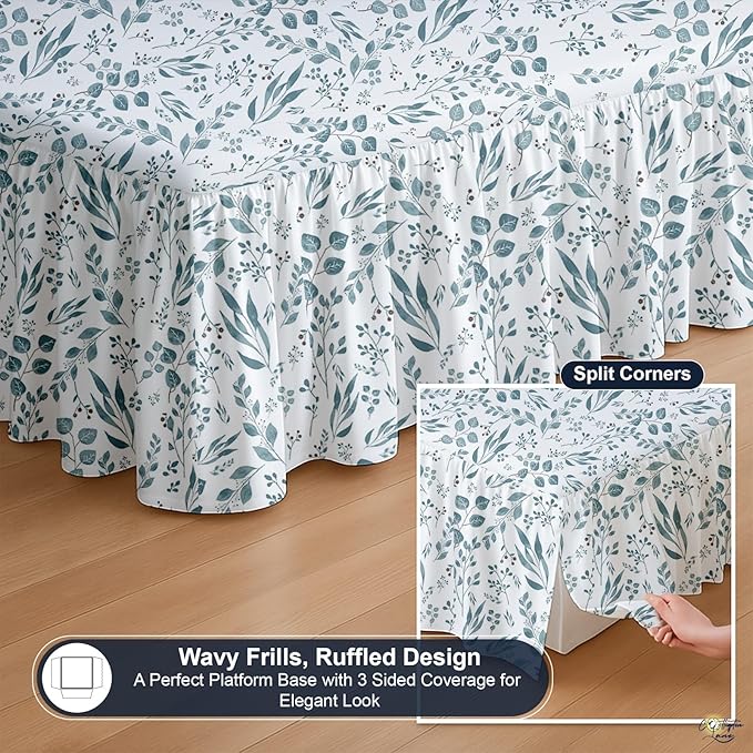 Cottington Lane Ruffled Bed Skirt Queen Size with Split Corner, Brushed Microfiber Hotel Quality Dust Ruffle, 15" Drop Gathered Bedskirt, Soft, Stylish, Shrink & Fade Resistant, Tranquil Green Petals