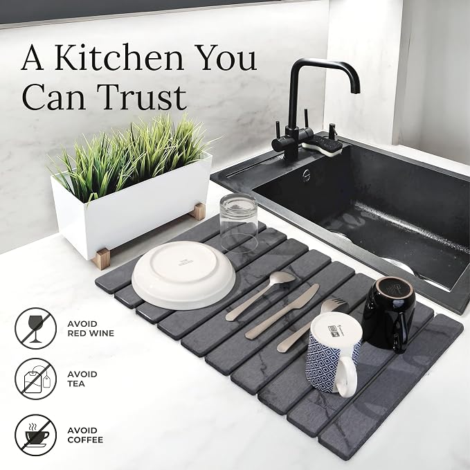 Large Stone Dish Drying Mat for Kitchen Counter 23.5”x 15.25” – Elegant - Image 2