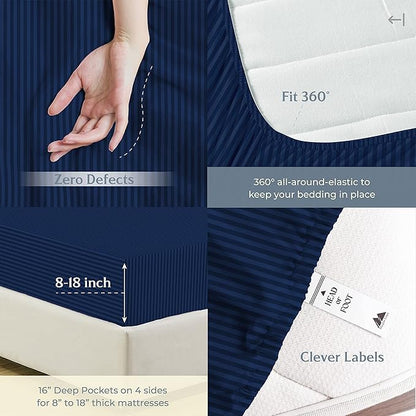Mayfair Linen 100% Cotton Striped Sheets Split King Size Bed Set - 500 Thread Count Damask Split King Sheets for Adjustable Bed, 5 PC Set (Navy Blue Stripe), Cooling, Sateen 16" Deep Pocket Bedsheet