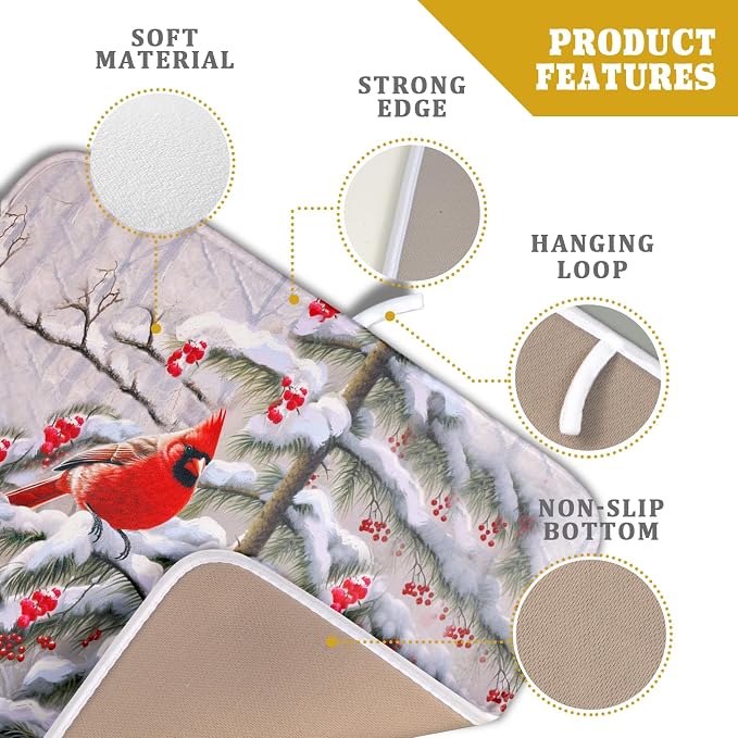 Red Birds Dish Drying Mat Winter Berry Dish Drainer Mats Absorbent Reversible - Image 4