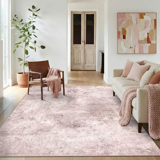 Vintage 5x7 Pink Rug, Washable Area Rugs - Image 3