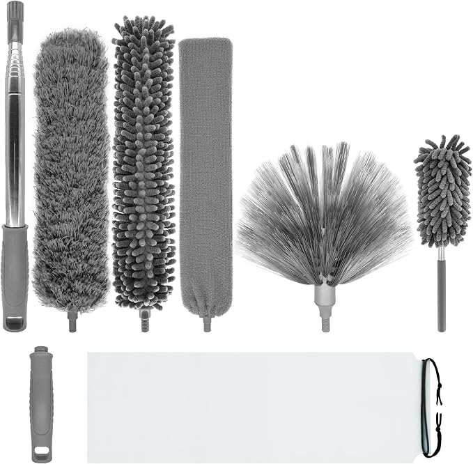 Microfiber Duster with Telescoping Extension Pole Kit, 4 Cleaning Head and 1 by BrilliantRay
