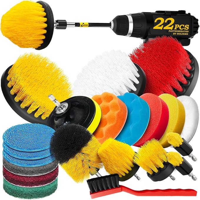 Holikme 22Pack Drill Brush Attachments Set, Scrub Pads & Sponge, Buffing Pads by Holikme