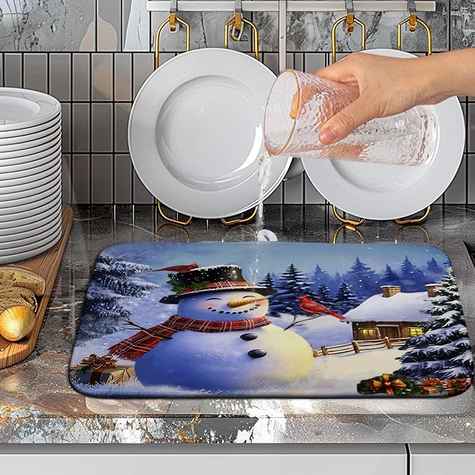 Winter Snowman Dish Drying Mat for Kitchen Counter 16x18 Snow Cardinals Pine - Image 5