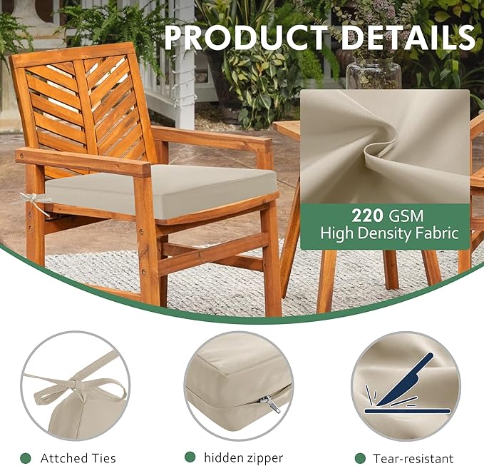 Outdoor Chair Cushions Set of 4: Waterproof & Fade Resistant Seat Cushion for Patio Furniture - 18.5 L x 16 W x 2 H Inch Chair Pads with Ties and Hidden Zipper - Patio Chair Cushion Replacement, Beige