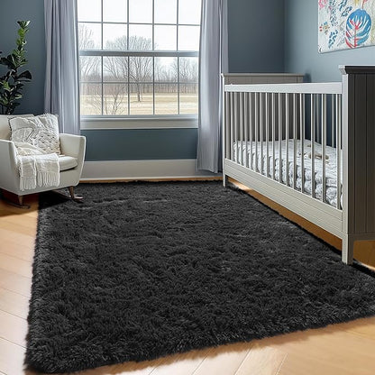 ONASAR Black Area Rugs for Bedroom Living Room, Fluffy Fuzzy Shaggy 4x6 Bedside Rug, Washable Soft Plush Modern Indoor Floor Carpet for Nursery Kids Girls Boys Teen Dorm Home Office Decor Aesthetic