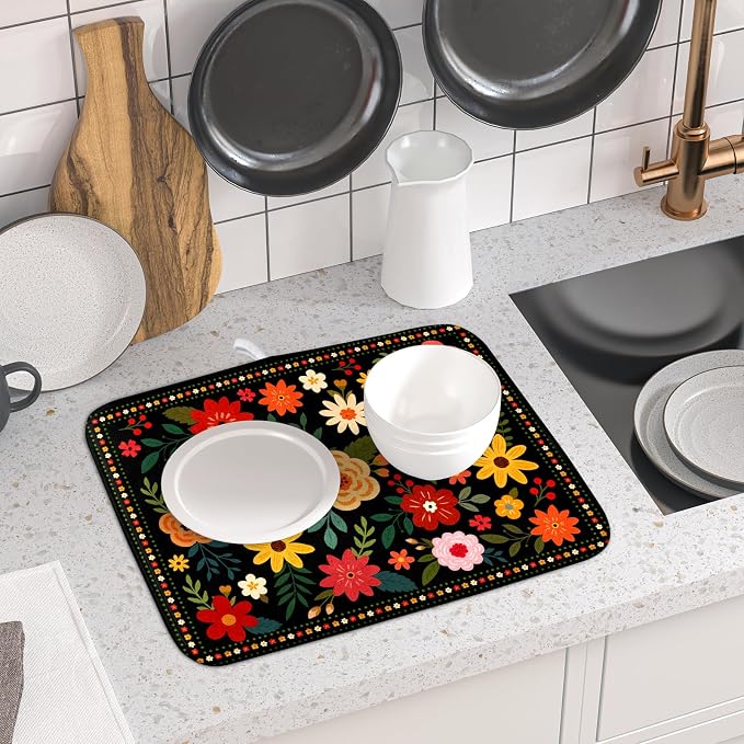 Boho Floral Dish Drying Mat 16x18 Inch Colorful Flower Dishes Dry Mats - Image 6