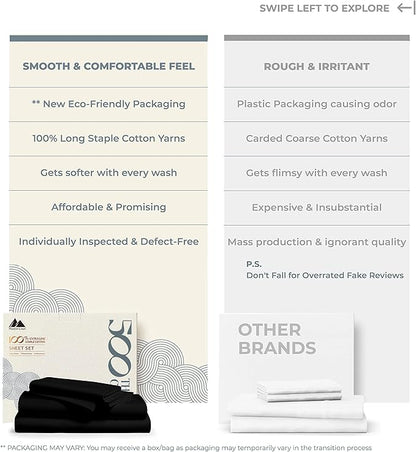 Mayfair Linen 100% Cotton Bed Sheets Queen Set - 500 Thread Count Cotton Sheets for Queen Size Bed, 4 PC Set (Black), Ultra Soft, Cooling, Sateen Weave 16" Deep Pocket Bedsheet for Hot Sleepers