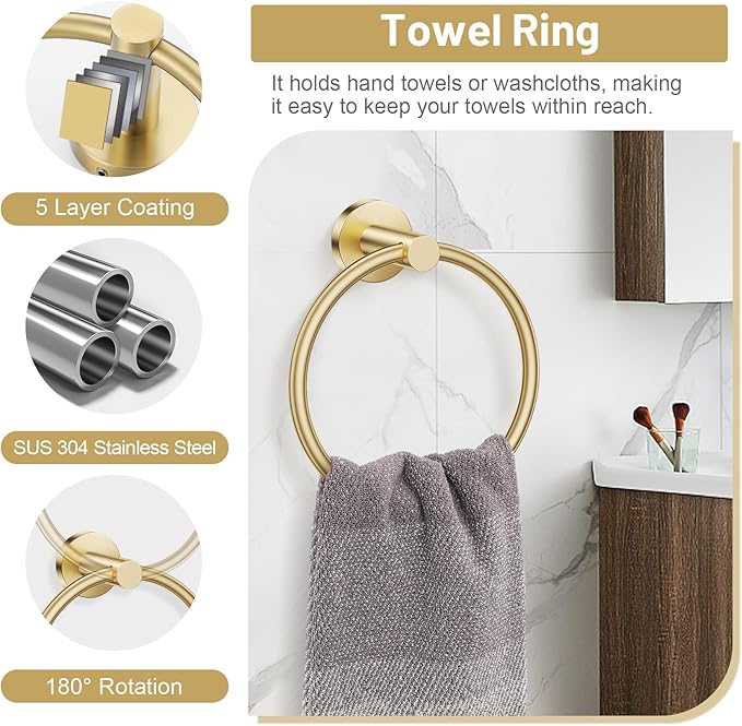 Lairuier Brushed Gold Towel Holder Set Include Double Bases Toilet Paper Holder - Image 5