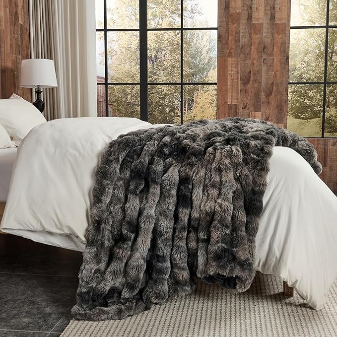 Lotus Karen Faux Fur Blanket Tie-Dye Dark Gray Twin Size - Big Bubble Rabbit Fluff Throw for Couch Small Fluffy Fuzzy Cozy Thick Furry Plush Shaggy Blankets 90x90 Inches