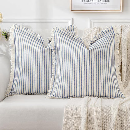 MIULEE Pack of 2 Royal Blue Pillow Covers 20x20 Inch Striped Farmhouse Couch Throw Pillow Covers with Fringe Chic Linen Decorative Cushion Covers for Sofa Living Room Bed Outdoor Home Decor
