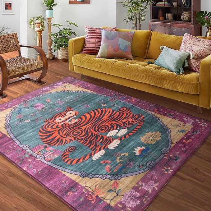 Tiger Rug Washable 3x5 ft Oriental Traditional Animal Print Vintage Fuchsia by CILEPMID-TimelessComfort