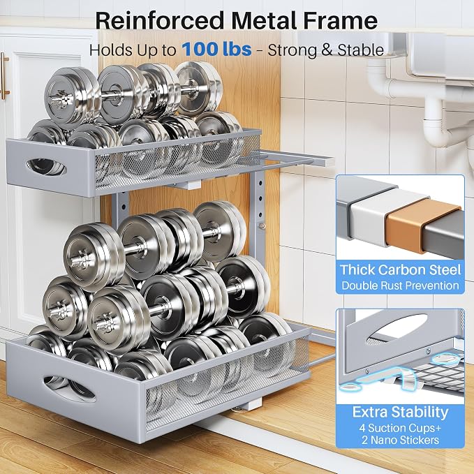 Under Sink Organizer, 2 Tier Pull Out Under Cabinet Organizer Shelf - Image 7
