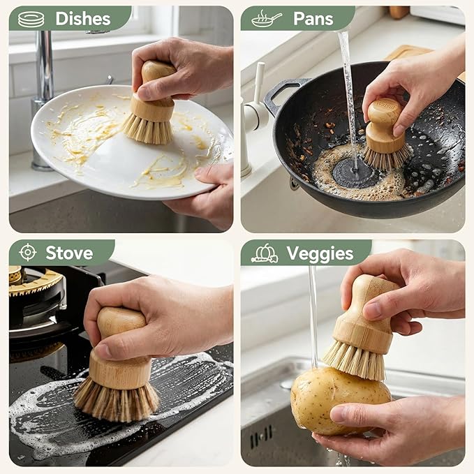 Bamboo Dish Brush Set, 4 Pack, Plastic-Free, Dish Scrubber & Vegetable Brush - Image 6