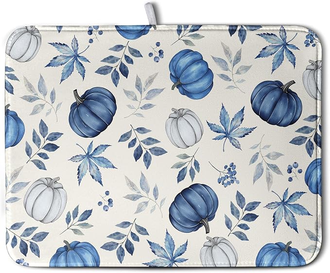 Fall Dish Drying Mat Blue Pumpkin Maple Leaves Drying Mats by Wnoesat
