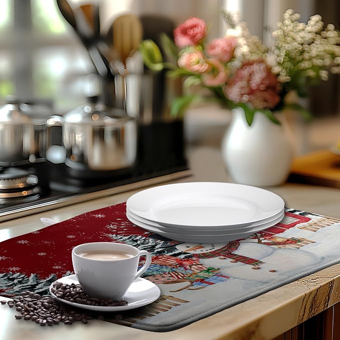 Christma Snowman Dish Drying Mat Winter Snowflake Large Kitchen Mats Dish - Image 6