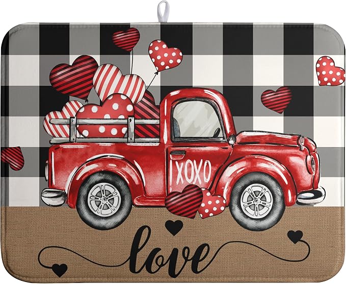 Valentines Dish Drying Mat Valentine Buffalo Plaid Hearts Kitchen Drying Pad by farg