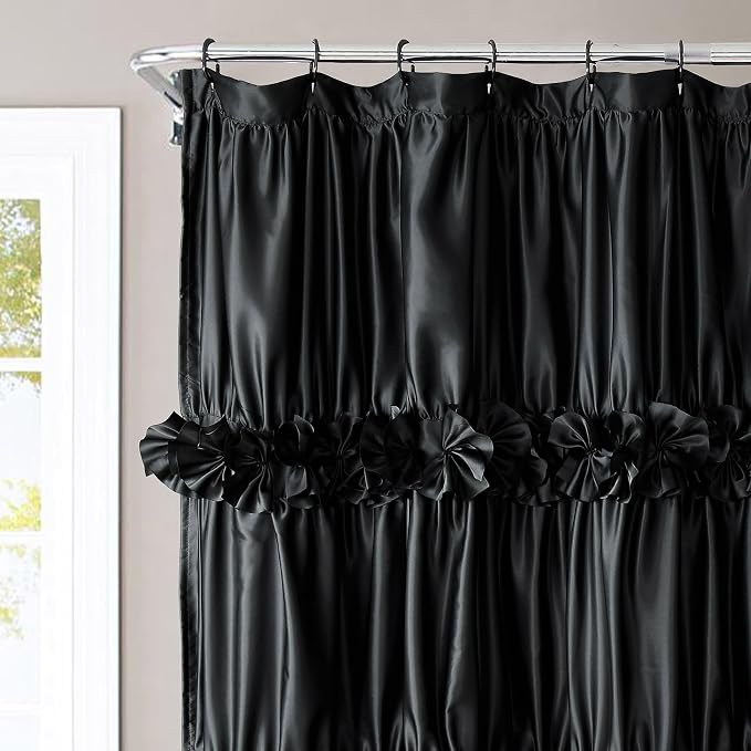 Black Ruffle Shower Curtain, Vintage Handcrafted Bow Tie Bath Curtain - Image 7