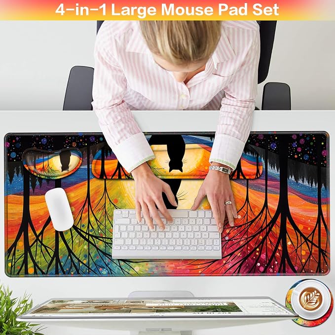 Mouse Pad with Wrist Rest Black Cat, 4-in-1 Large Mousepad+Keyboard Wrist - Image 2
