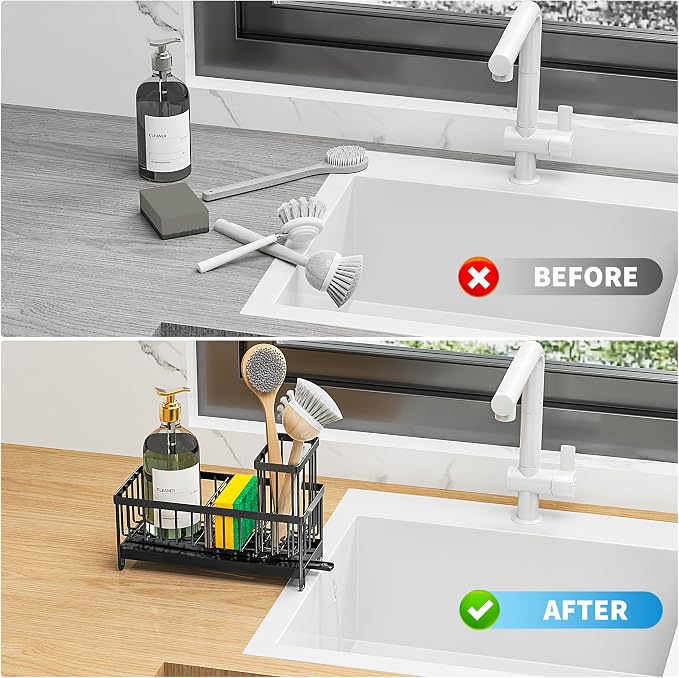 Cisily Black Sponge Holder for Kitchen Sink, Sink Caddy Organizer - Image 6