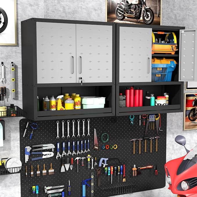 Metal Wall Cabinets with Doors and Shelves Black and Gray Garage Cabinets Wall - Image 2