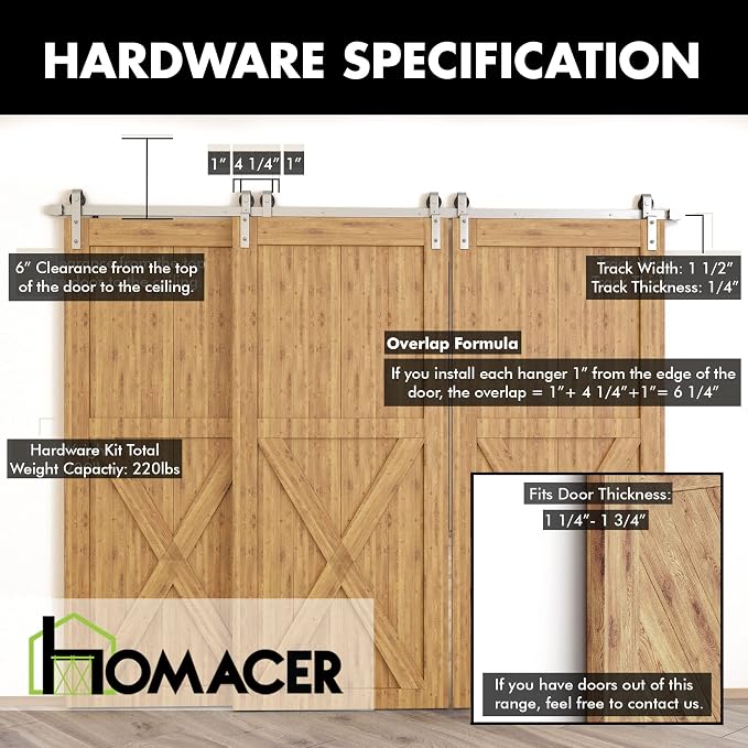 Homacer Brushed Nickel Single Track Bypass Sliding Barn Door Hardware Kit - Image 5