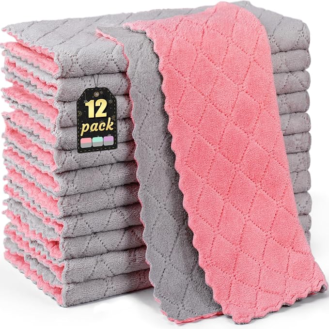 12 Pack Kitchen Cloth Dish Towels, 12x12 inch Soft Premium Dishcloths, by BUEDM
