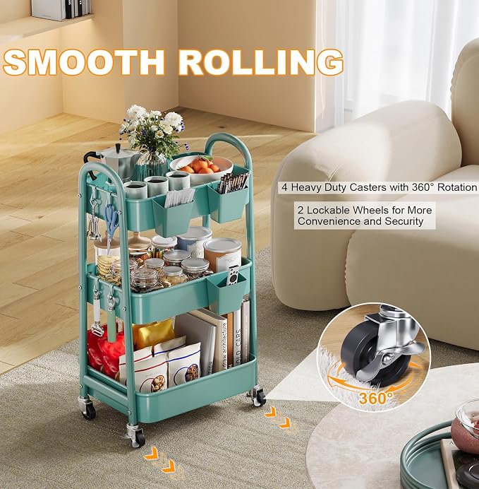 Green 3 Tier Rolling Cart Metal - Image 4