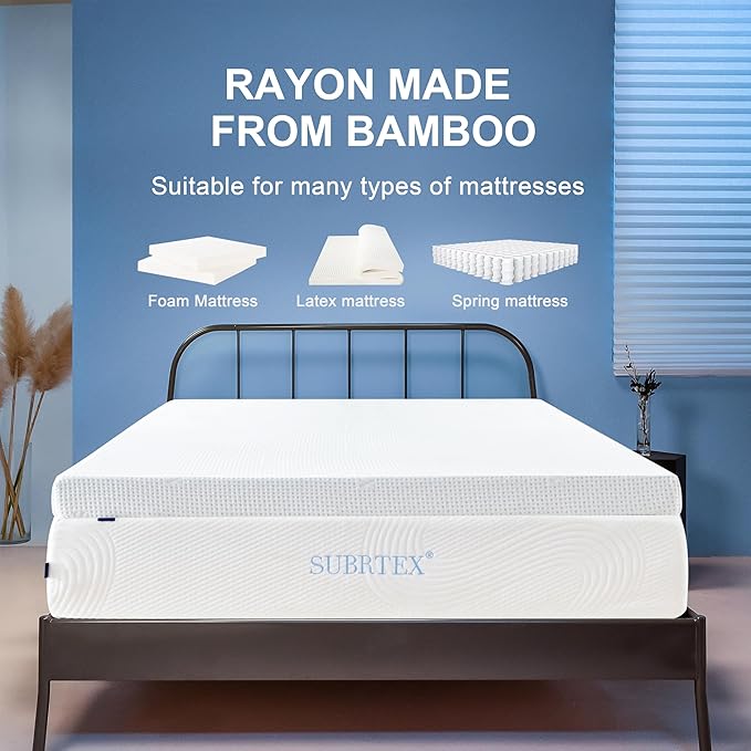 Subrtex Mattress Topper Cover (Only Cover) Mattress Protector Bedding Rayon Made from Bamboo Removable Mattress Encasement Mattress Cover with Zipper (2 Inch, White, Full)