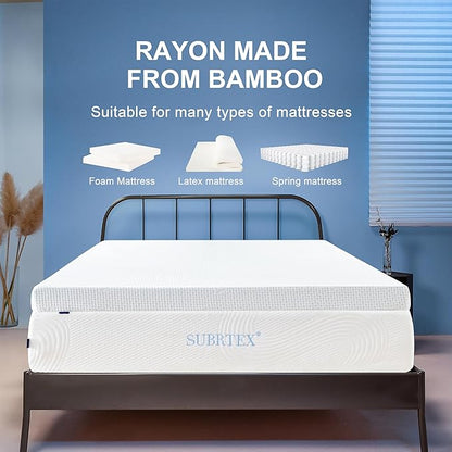 Subrtex Mattress Topper Cover (Only Cover) Mattress Protector Bedding Rayon Made from Bamboo Removable Mattress Encasement Mattress Cover with Zipper (2 Inch, White, Full)