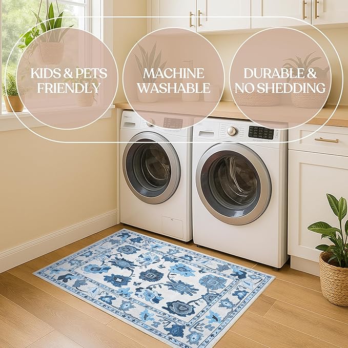 Fame Living Navy Blue Oushak Rug, Modern, Vintage, Turkish, Eclectic, Floral, Pastel, Washable, Area Rugs for Living Room, Dining, Bedroom, Nursery, Girls, Boys, 5'9"x8'9"