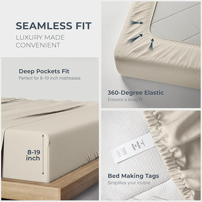 THREAD SPREAD 100% Egyptian Cotton Sheets Queen Size - 1500 Thread Count 4 PC Queen Sheet Set Egyptian Cotton, Sateen Weave Luxury Sheets Queen Size, High Thread Count Sheets, 17" Deep Pocket - Beige