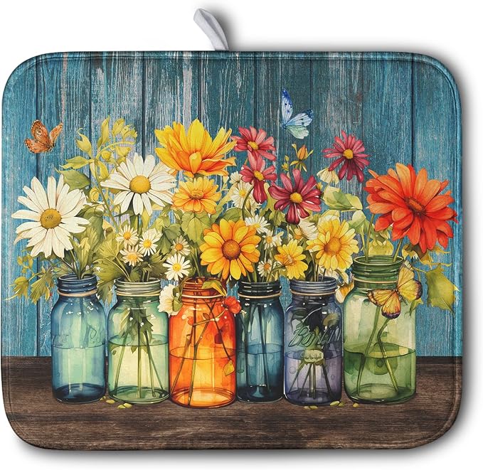 Daisy Dish Drying Mat for Kitchen Counter 16x18 Inch Rustic Vintage Flower by Kwlegh