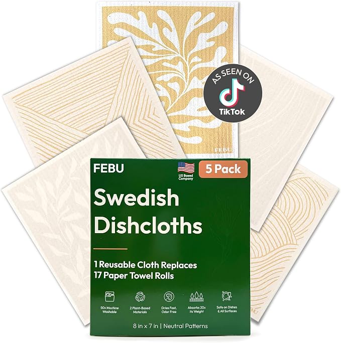 FEBU Swedish Dishcloths for Kitchen | 5 Pack Neutral Reusable Paper Towels by FEBU