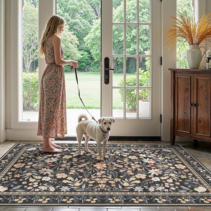 3x5 Rug for Entryway Bedroom, Floral Vintage Retro Boho Throw Rug, Non Slip & - Image 3