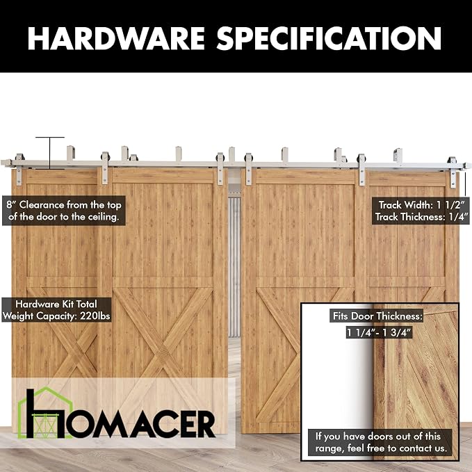 Homacer Brushed Nickel Double Track U-Shape Bypass Sliding Barn Door Hardware - Image 3
