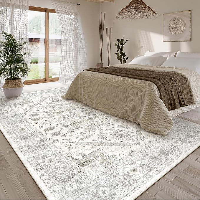 LIVEBOX Washable Area Rug 8x10 - Large Beige Vintage Tribal Living Room Rug Oriental for Bedroom, Non-Slip Retro Medallion Carpet Print Distressed for Dining Room Guest Office