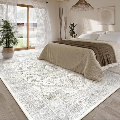 LIVEBOX Washable Area Rug 8x10 - Large Beige Vintage Tribal Living Room Rug Oriental for Bedroom, Non-Slip Retro Medallion Carpet Print Distressed for Dining Room Guest Office