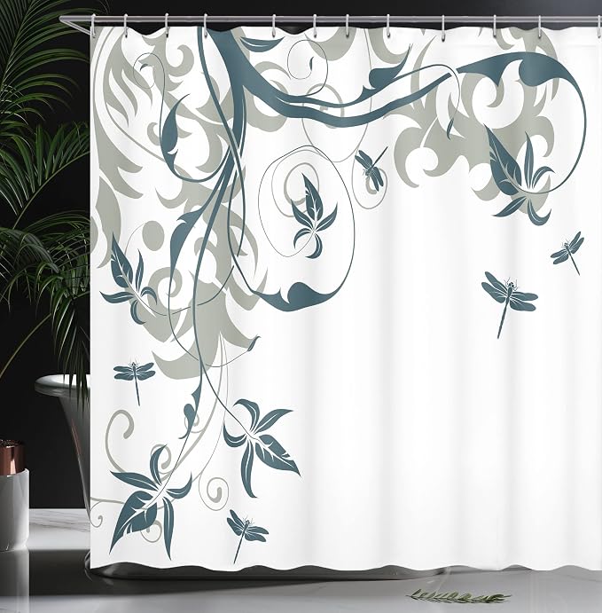Ambesonne Dragonfly Shower Curtain, Swirled Floral Background Damask Curl - Image 3