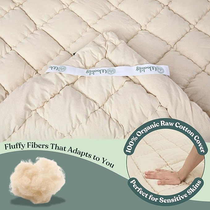 Organic Merino Wool Mattress Topper - Luxury Pillow Top Mattress Pad, Handmade, Non-Toxic, Cooling & Hypoallergenic, Natural Back Pain Relief, Sustainable Bedding (Queen)