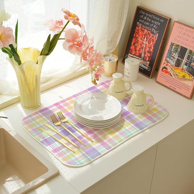 Easter Dish Drying Mat 18 x 24 Inch Spring Pink Yellow Purple Buffalo Plaid - Image 6