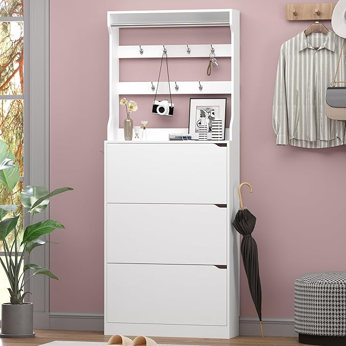 Shoe Cabinet with 3 Flip Drawers & Coat Rack, Narrow Hidden Shoe Storage Cabinet - Image 3