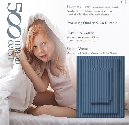 Mayfair Linen 100% Cotton Striped Sheets Twin Size Bed Set - 500 Thread Count Damask Sheets Twin Size 3 PC Set (Light Blue Stripe), Soft, Cooling, Sateen Hotel-Quality 16" Deep Pocket Cotton Bedsheet